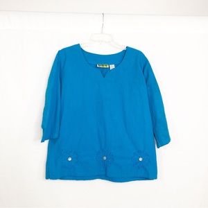 Palm Grove 3/4 Sleeve Top, Size Large, Blue
